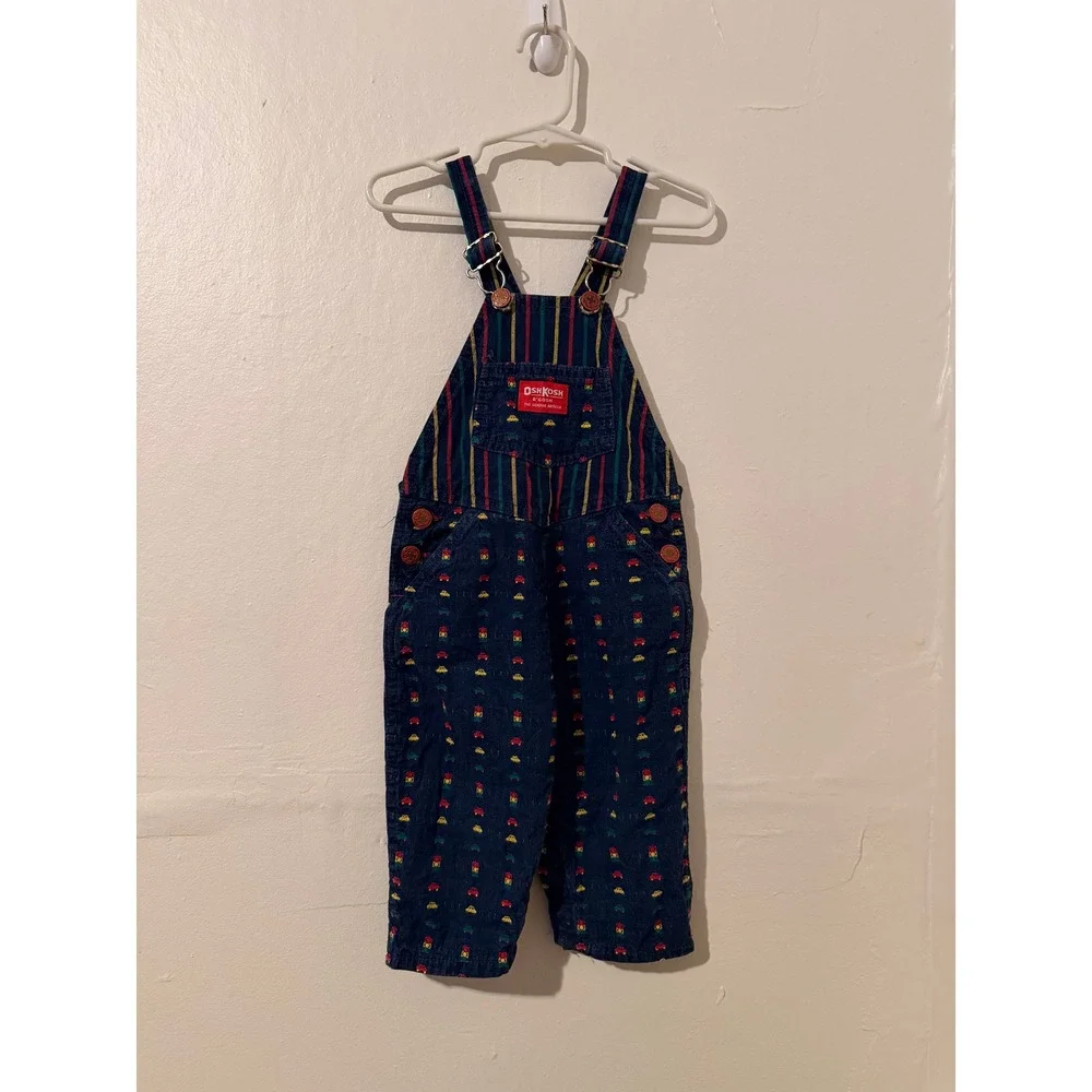 Vintage OshKosh Bgosh Car Embroidered Striped Denim Overalls 24M Blue Red Yellow
